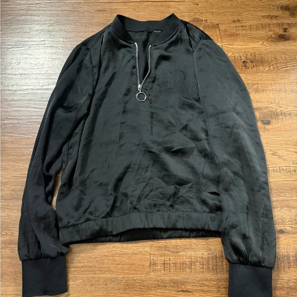 Satin Black Zip-Up Bomber Jacket - Picture 1 of 2